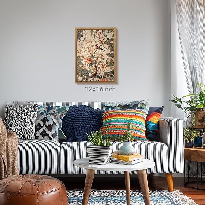 CAZLOUC Vintage Neutral Botanical Wall Art, Retro Beige Green Wall Decor, Garden Bird Floral Canvas Artwork, Classic Botanical Nature Poster Print for Living Room Bedroom Wood Framed 16x24 Inch