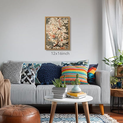CAZLOUC Vintage Neutral Botanical Wall Art, Retro Beige Green Wall Decor, Garden Bird Floral Canvas Artwork, Classic Botanical Nature Poster Print for Living Room Bedroom Wood Framed 16x24 Inch