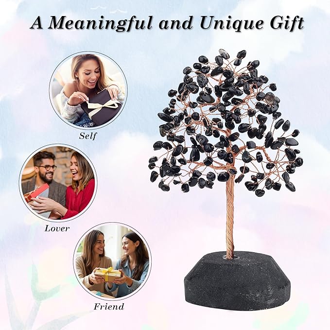 SITUMEIZI Black Obsidian Crystal Tree 7.09IN Healing Stones Natural Crystals Base Copper Wire Tree Life Reiki Black Gifts for Women Room Office Desk Decor Spiritual Meditation Energy