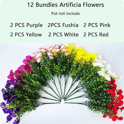 Artificial Fake Flowers Plant for Outdoors, 12 Bundles Faux Morning Glory UV Resistant Look Real Silk Flowers for Outside Planter Front Door Porch Patio Yard Decoration, (6 Multicolor)