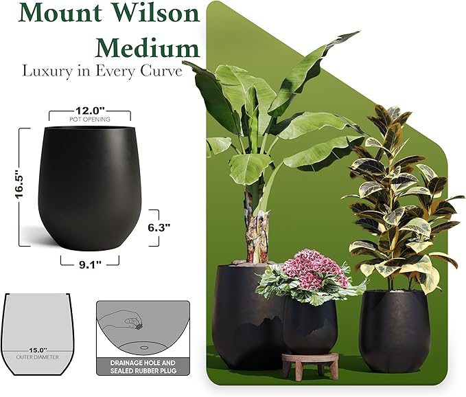 DTY Signature Mount Wilson Modern Indoor Outdoor Fiberstone Tapered Planter, Lightweight, Weather Resistant Garden Pot with Drainage Hole & Rubber Plug, Planter for Christmas Decor - Black, Medium