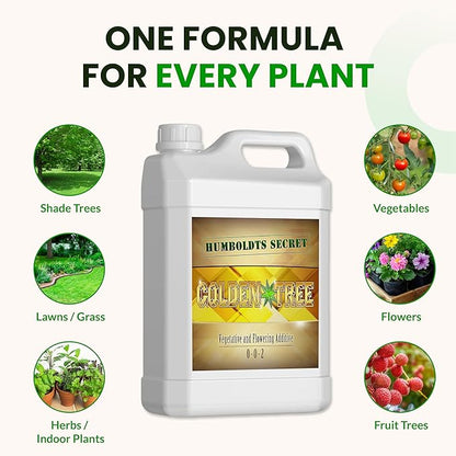 Humboldts Secret Golden Tree Liquid Plant Food | Enhances Growth Indoors or Outdoors | All-in-One Plant Nutrients for Vegetables, Trees, Flowers, Fruits, Roses, Lawns, Tomatoes | 2.5 Gallon