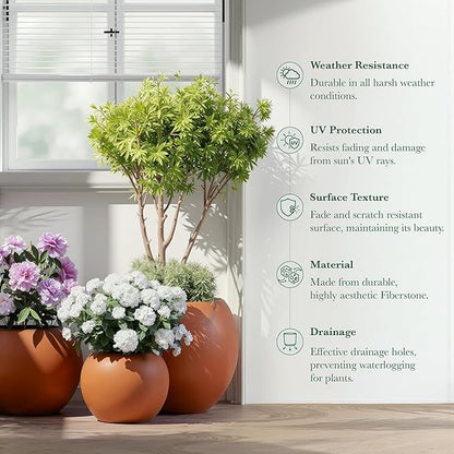 DTY Signature Mount Sherman Modern Indoor Outdoor Fiberstone Sphere Planter, Durable Round Garden Pot, Weather Resistant, Drainage Hole & Rubber Plug, Planter for Christmas Tree - Large, Terracotta