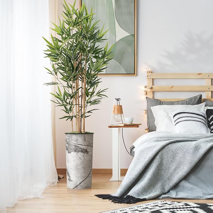 Artificial Tree in Gray Marble Effect Planter, Fake Bamboo Silk Tree for Indoor and Outdoor Home Decoration - 70" Overall Tall (Plant Pot Plus Tree)