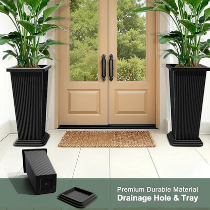Tall Planters Set of 2, Large Indoor Outdoor Flower Pots with Tray Modern Tapered Planter for Patio, Garden, Porch, Backyard (Black Ribbed)
