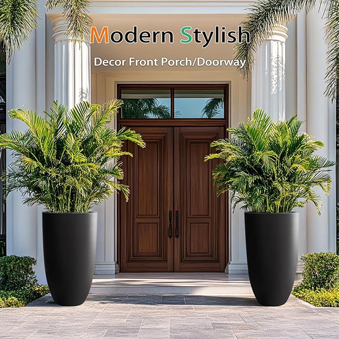 Tall Planters for Outdoor Plants, Large Concrete Flower Pots for Garden Front Porch, Patio, Indoor (Black, 24 inch)