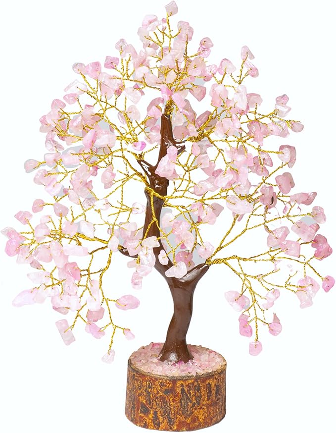Rose Quartz Chakra Tree of Life Crystal Decor – Feng Shui Money Tree for Good Luck – Spiritual Positive Energy Healing Gemstone Home Office Wealth Attraction Decoration 300 Beads 10 Inches