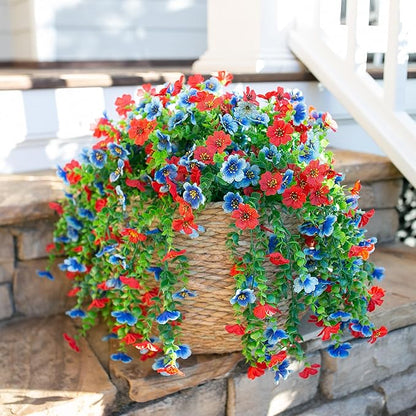 HyeFlora Faux Flowers for Outdoors Decoration, 2Pcs Artificial Fake Hanging Spring Summer Decor, Red and Blue Realistic Plants, UV & Fading Resistant Silk Flower for Porch Patio Balcony Planter Yard