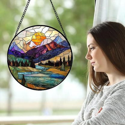 Stained Glass Window Hanging, Blue Lake Golden Sun Abstract Mountains Landscape Suncatcher for Doors Window Home Sun Catchers Decor Mother's Day Birthday Gifts for Women Men Mom 11.8 in