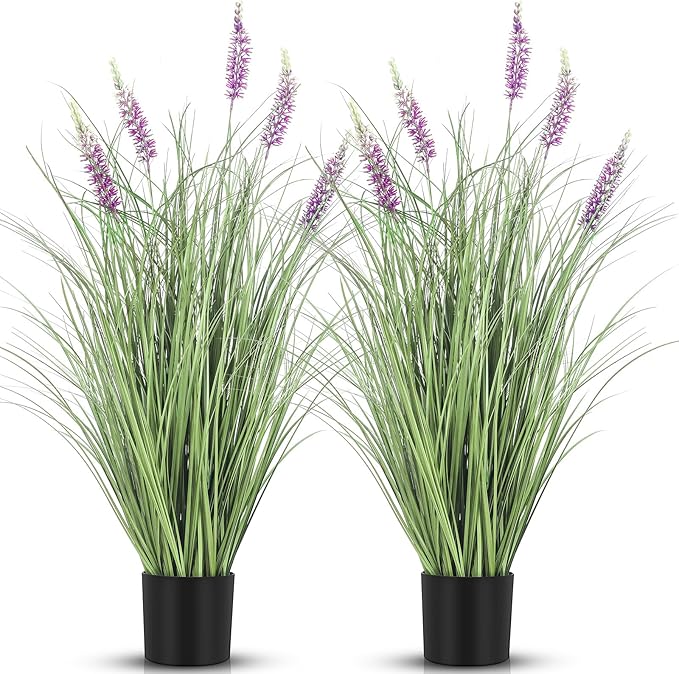 Jexine 2 Pieces Faux Plants Outdoor 3 ft Tall Artificial Lavender Plant Potted Artificial Lavender Faux Greenery Floor Flowers for Housewarming Gift House Garden Bathroom Lobby Outdoor