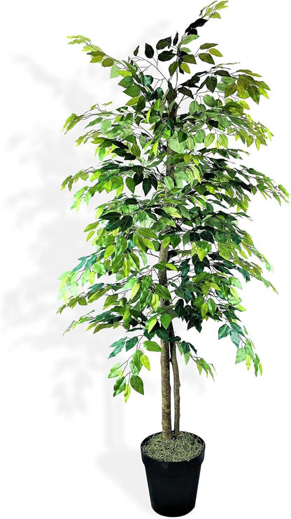 6ft Artificial Ficus Tree in Black Plastic Pot - Real Wood Trunk, Preassembled, No Maintenance Indoor Faux Plant - Living Room, Home & Office Decor