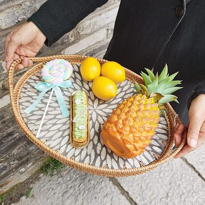 I-LAN 15 Inch Oval Rattan Woven Tray Basket with Beige MOP Wooden Base and Handles, Boho Wicker Coffee Table Serving Tray Décor with 2 Inch Wall, Handmade Display Basket for Countertop, L