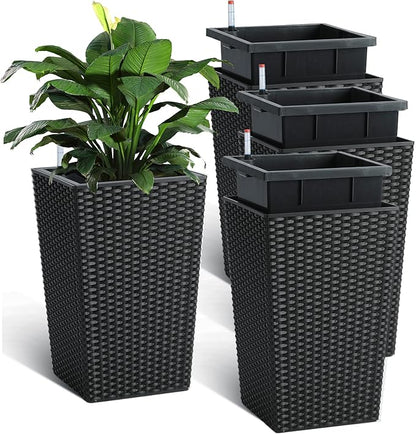 GarveeLife 16 Inch Tall Rattan Planter Set of 4, Self Watering Plant Pots with Water Level Monitor, Outdoor and Indoor Flower Pots for Patio, Porch, Living Room, or Home Office, Black
