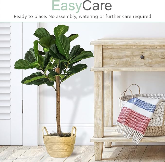 3ft Artificial Fiddle Leaf Fig Tree in Boho Woven Basket - Real Wood Trunk, Preassembled, No Maintenance Indoor Faux Plant - Living Room, Home & Office Decor