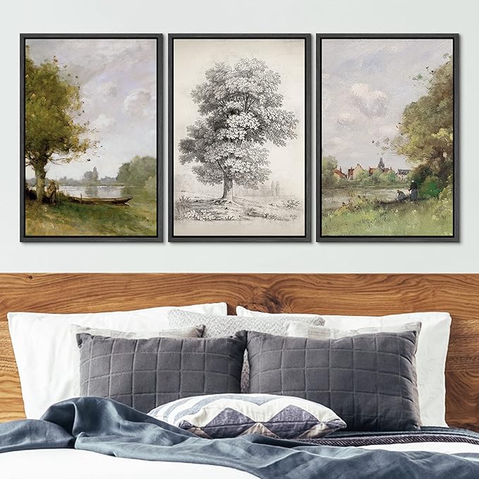 Ashbrook Framed Canvas Print Wall Art Set Forest Tree Field Nature Wilderness Illustration Fine Art Decorative Floral Botanical Garden Vintage for Living Room, Bedroom, Office - 16"x24"x3 Black