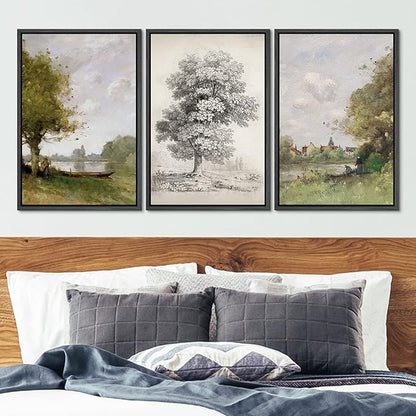 Ashbrook Framed Canvas Print Wall Art Set Forest Tree Field Nature Wilderness Illustration Fine Art Decorative Floral Botanical Garden Vintage for Living Room, Bedroom, Office - 16"x24"x3 Black