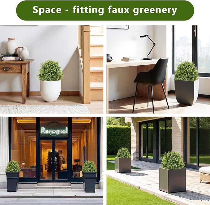 24" Faux Boxwood Plants Outdoor, Artificial Topiary Ball Trees Set of 2, UV Resistant Fake Potted Evergreen Realistic Greenery Bushes Shrubs for Outside Front Porch Planter Patio Indoor Decor 2ft Tall
