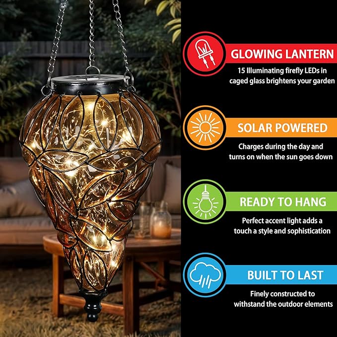 Solar Hanging Lantern Outdoor Garden Lights, Tear-Shaped Glass and Metal Hanging Lantern, 15 Firefly LED Lights, 7 x 24 Inch (Amber)