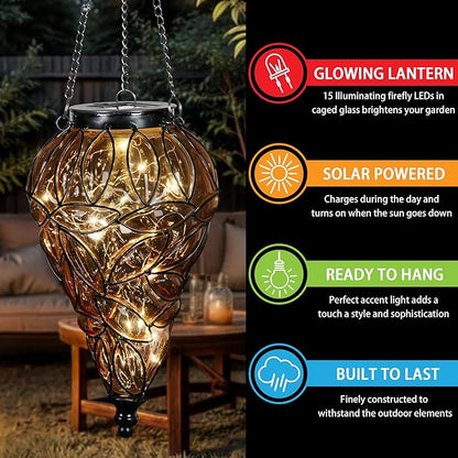 Solar Hanging Lantern Outdoor Garden Lights, Tear-Shaped Glass and Metal Hanging Lantern, 15 Firefly LED Lights, 7 x 24 Inch (Amber)