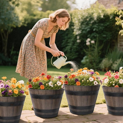 Large Plant Pots, 20 Inch 2 Pack Plastic Whiskey Barrel Planters, Big Flower Pots Wine Barrel Design for Outdoor Indoor, Garden, Porch, Patio, Backyard