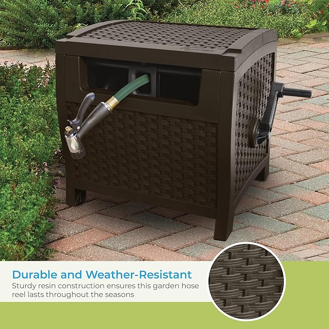 Suncast 175 ft. Wicker Style Resin Hose Hideaway with Hose Guide, Java, Mocha Brown