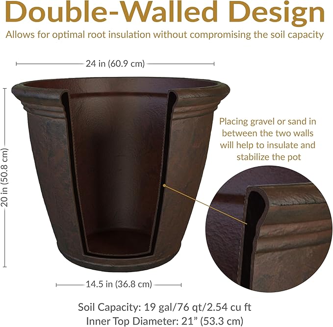 Sunnydaze 24-Inch Anjelica Large Plastic Pot for Plants - Double-Walled Outdoor Polyresin Round Planter Porch Pot with Drillable Drainage Holes - Rust - 2pk