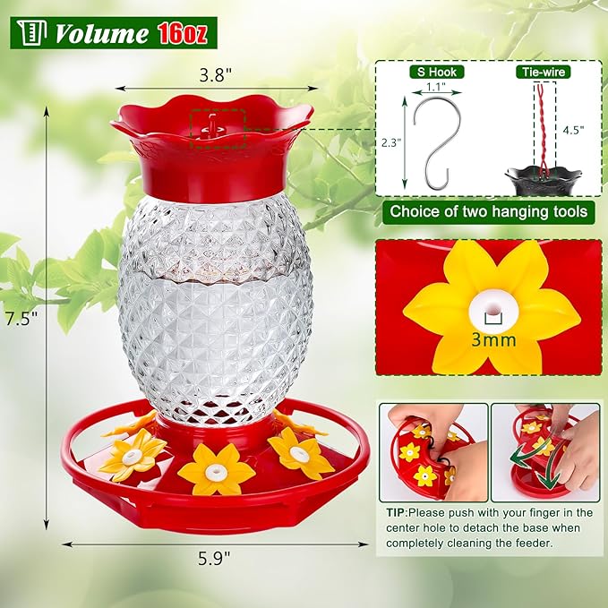 Glass Hummingbird Feeders for Outdoors Hanging Ant and Bee Proof 16OZ 2 Pack Clear Pineapple Humming Bird Feeder with 6 Feeding Ports and Ant Moat Hummingbird Gifts for Women Garden Decor