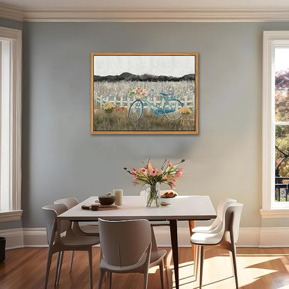 Floating Framed Canvas Wall Art, Vintage Blue Bicycle Flower Basket Wall Decor, Country Nature Landscape Wildflower Poster Print Paintings for Bathroom Living Room Bedroom Home Decor 16x24 inch