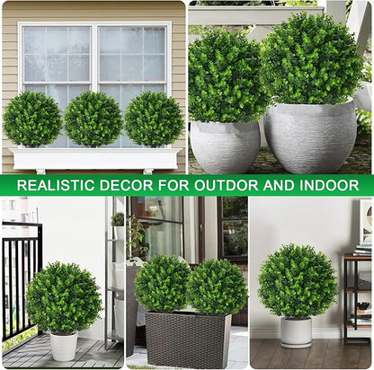 Artificial Eucalyptus Topiary Ball Trees, 2 Set of 16'' UV Resistant Fake Evergreen Shrubs Bushes Plants with Ground Spike, Fake Plants for Outdoor Indoor Front Porch Garden