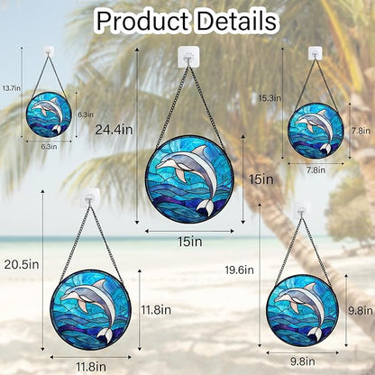 Stained Glass Suncatcher, Blue Ocean Dolphin Sun Catcher Marine Life Stain Glass Indoor Window Hanging Decoration Mother's Day Birthday Gifts for Women Men Mom and Nana 6.3 in