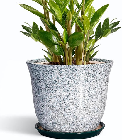 Ceramic Planter - 10 Inch Plant Pot for Indoor Outdoor, Round Planter with Drainage Hole and Plant Tray, Large Decorative Planters, Modern Flower Pot, Home Room Decor, Gardening Gift, Green