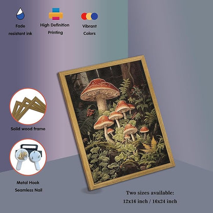 SAMHOU Framed Vintage Kitchen Wall Art, Rustic Woodland Mushroom Wall Decor, 3D Textured Hand Drawn Sandstone Print Painting, for Living Room Bedroom Kitchen 16x24 Inch