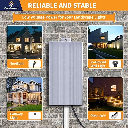 Gardenreet 150W Low Voltage Landscape Lights Transformer - ETL Listed IP65 Multi-Tap (120V AC to 12V-13V-14V-15V AC) with Mechanical Timer, Stainless Steel Shield for Outdoor Spotlight, Pathway Light