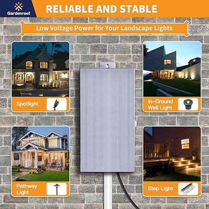 Gardenreet 150W Low Voltage Landscape Lights Transformer - ETL Listed IP65 Multi-Tap (120V AC to 12V-13V-14V-15V AC) with Mechanical Timer, Stainless Steel Shield for Outdoor Spotlight, Pathway Light