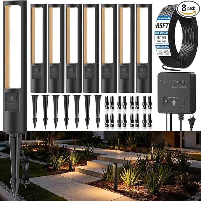 All-in-One LED Low Voltage Landscape Lighting Kit, 8-Pack Pathway Lights with Transformer and UL Listed 65FT Wire 5CCT IP66 Waterproof Landscape Lights with Connectors for Walkway Garden Yard