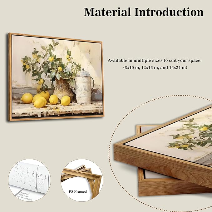 Floating Framed Vintage Kitchen Wall Art, Yellow Lemon Still Life Wall Decor Oil Paintings, Rustic Farmhouse Artwork Posters Prints Pictures for Living Room Bedroom Home Decor 16x24 Inch