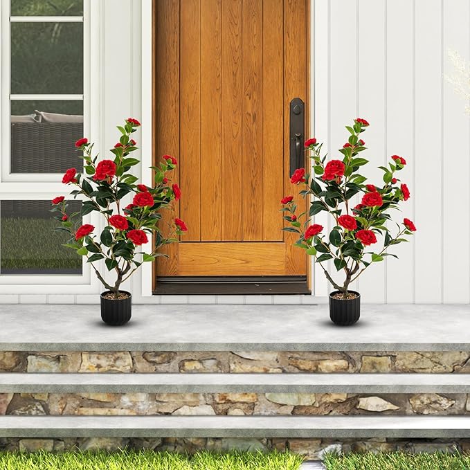 Goplus 38’’ Artificial Camellia Tree, 2 Pack Flower Plants Artificial Tree, Faux Floral Plant Blooming Tree in Cement Pot, Greenery Potted Plant for Indoor Outdoor Office Home Porch Decor
