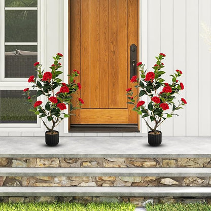 Goplus 38’’ Artificial Camellia Tree, Flower Plants Artificial Tree, Faux Floral Plant Blooming Tree in Cement Pot, Greenery Potted Plant for Indoor Outdoor Office Home Porch Decor