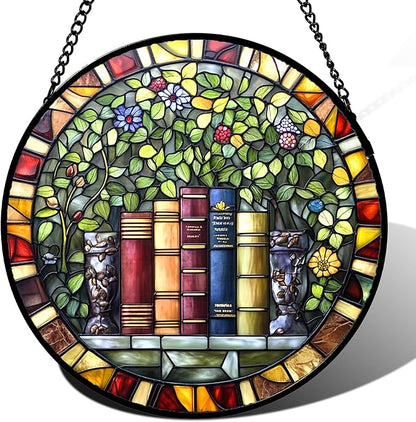 Stained Glass Window Hanging Green Plants Flowers Books Large 11.8" - Suncatcher Door Garden Sunroom Sun Catcher Decor Birthday Christmas for Mom Men Woman Nana
