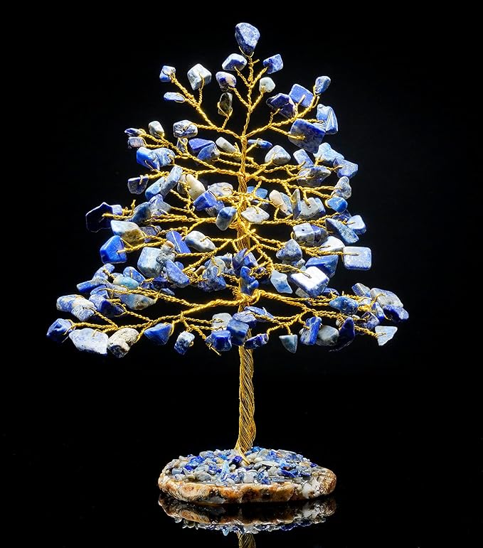 Lapis Lazuli Gemstone Tree of Life - Geode Agate Slice Base, Crystal Tree for Positive Energy, Handmade Chakra Tree, Feng Shui Decor - Good Luck Money Bonsai, Healing Stones Gem Tree, Spiritual Gift
