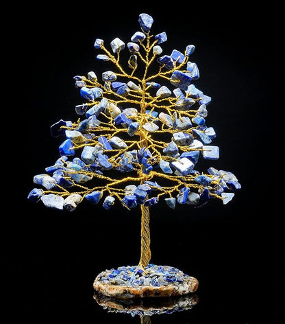 Lapis Lazuli Gemstone Tree of Life - Geode Agate Slice Base, Crystal Tree for Positive Energy, Handmade Chakra Tree, Feng Shui Decor - Good Luck Money Bonsai, Healing Stones Gem Tree, Spiritual Gift