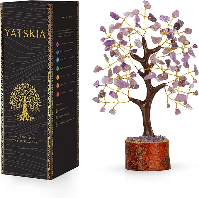 Amethyst Crystal Tree – 7-8 Inch Gemstone Tree with Golden Wire & Wooden Base – Spiritual Gift, Gifts for Her, Healing Crystals Decor, Birthday Gift for Women