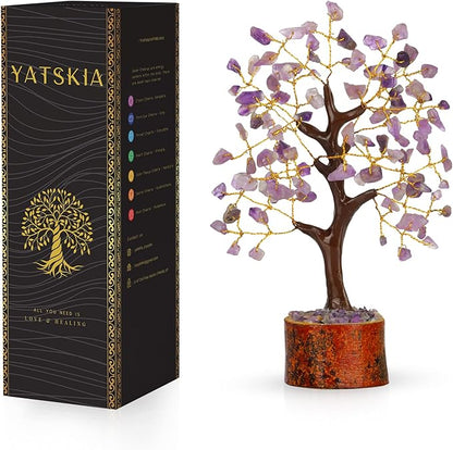 Amethyst Crystal Tree – 7-8 Inch Gemstone Tree with Golden Wire & Wooden Base – Spiritual Gift, Gifts for Her, Healing Crystals Decor, Birthday Gift for Women