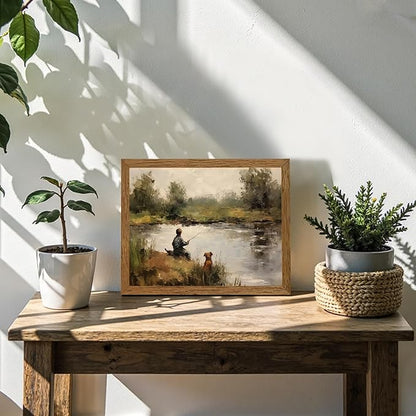 Wojuin Framed Vintage Boy Fishing Canvas Wall Art, Child with Pole and Puppy Artwork Wall Decor, Country Farmhouse Boyhood Dog Paintings Prints for Nursery Living Room Bedroom Bathroom 8x10 in