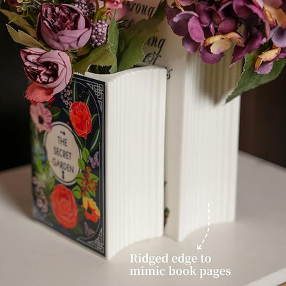 Ceramic Book Vase for Flowers, Home Decor - Cute Bookshelf Decor, Book Lovers Gift - Unique Large Accent for Bedroom/Office (Through The Looking Glass)