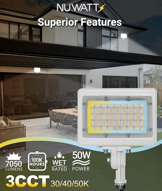 NUWATT 50W LED Flood Light, 3CCT 3000K/4000K/5000K Selectable, IP65 Waterproof Lighting, Adjustable Knuckle Mount, 7050LM, 0-10V Dimmable, 120-277V, Outdoor Security Floodlight for Yard, White, UL