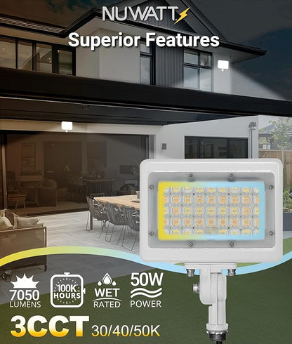 NUWATT 50W LED Flood Light, 3CCT 3000K/4000K/5000K Selectable, IP65 Waterproof Lighting, Adjustable Knuckle Mount, 7050LM, 0-10V Dimmable, 120-277V, Outdoor Security Floodlight for Yard, White, UL