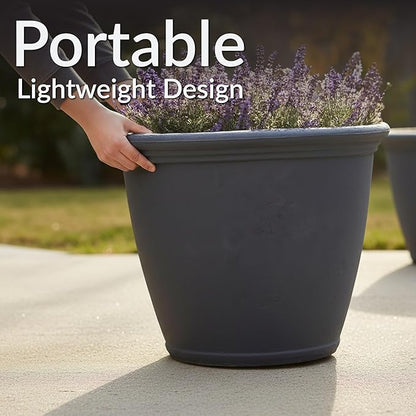 Sunnydaze 24-Inch Anjelica Large Plastic Pot for Plants - Double-Walled Outdoor Polyresin Round Planter Porch Pot with Drillable Drainage Holes - Slate - 3pk