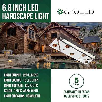 GKOLED 8 Pack 6.8 Inches LED Hardscape Lights, Low Voltage Retaining Wall Light Waterproof, 12V AC/DC Landscape Lighting, 1.5W 2700K, Classic Step Lights Outdoor, Die-cast Aluminum Housing