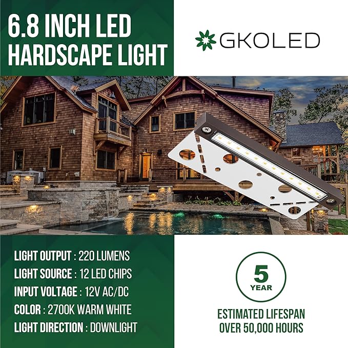 GKOLED 20 Pack 6.8 Inches LED Hardscape Lights, Low Voltage Retaining Wall Light Waterproof, 12V AC/DC Landscape Lighting, 1.5W 2700K, Classic Step Lights Outdoor, Die-cast Aluminum Housing